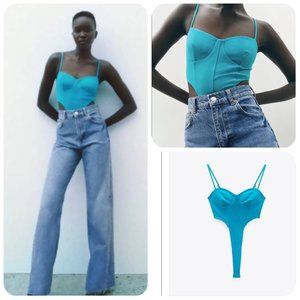 NWT ZARA Shiny Textured Turquoise Blue High Leg Corsetry Thong Strappy Bodysuit